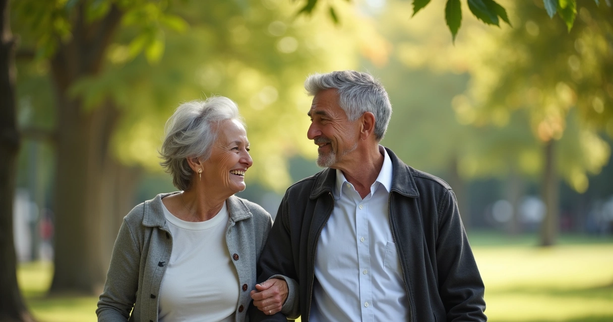 Homem maduro sorrindo ao lado da parceira ao ar livre
