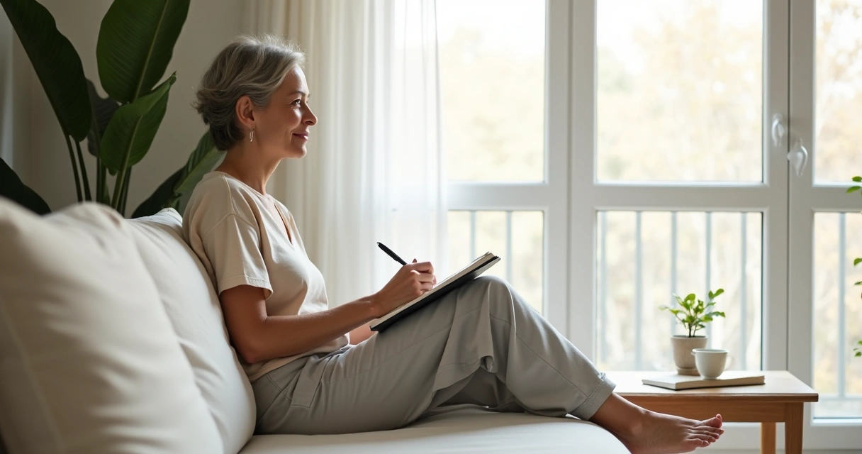 Adulto sentado perto da janela em postura serena de autorreflexão. 