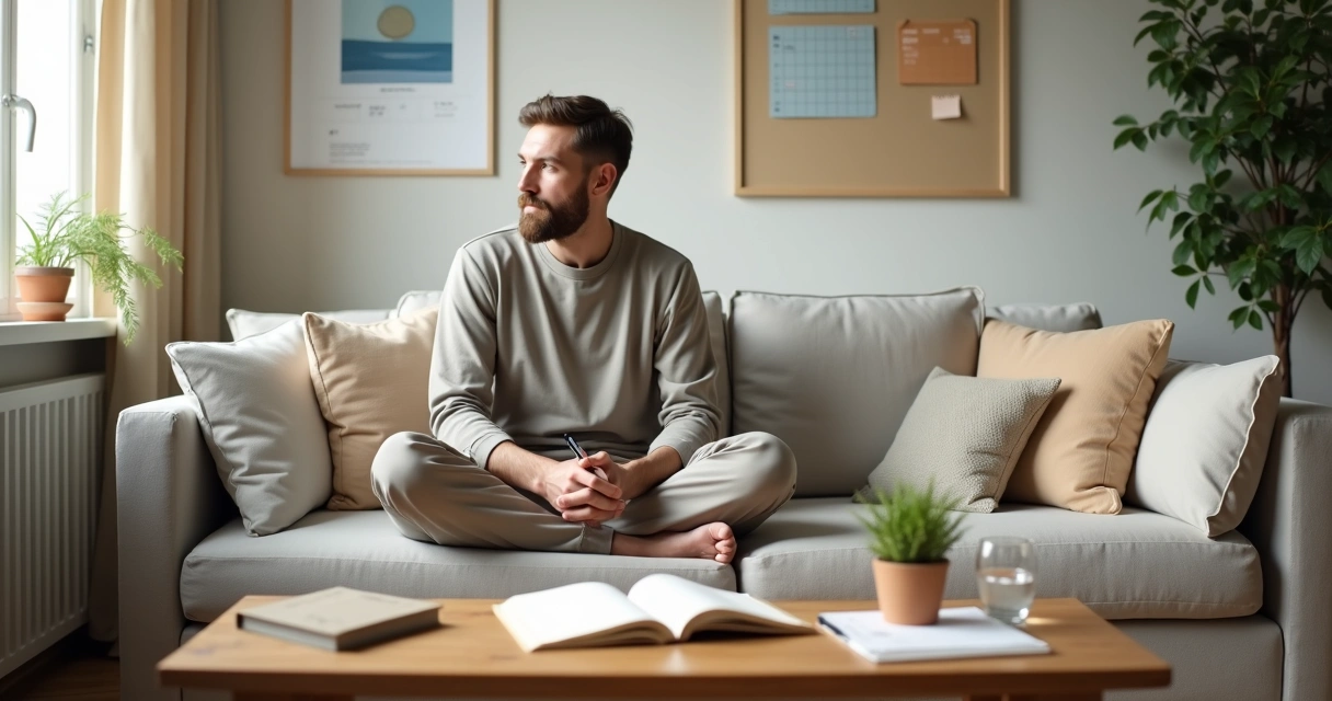Homem sentado em silêncio planejando mudanças sustentáveis em um caderno 