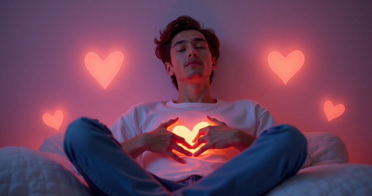 Homem sentado em meditação, olhos fechados, mãos apoiadas sobre o peito em formato de coração 