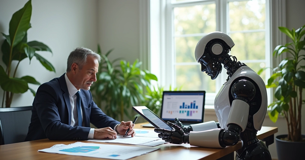 Homem e robô trabalhando juntos em mesa de escritório com gráficos de dados 