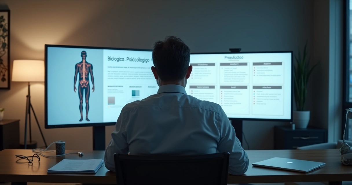 Homem analisando representação clínica do modelo biopsicossocial em tela dupla 