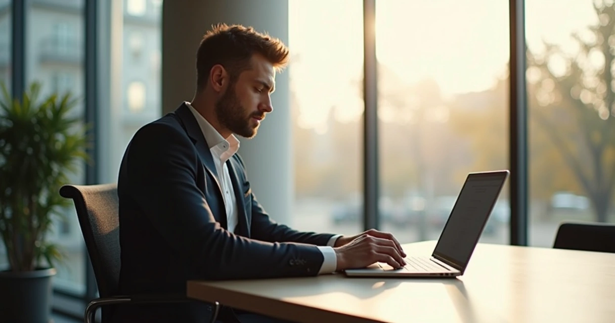 Homem vestido elegantemente sentado em escritório moderno com luz natural da manhã, focado no computador com ar de concentração e produtividade 