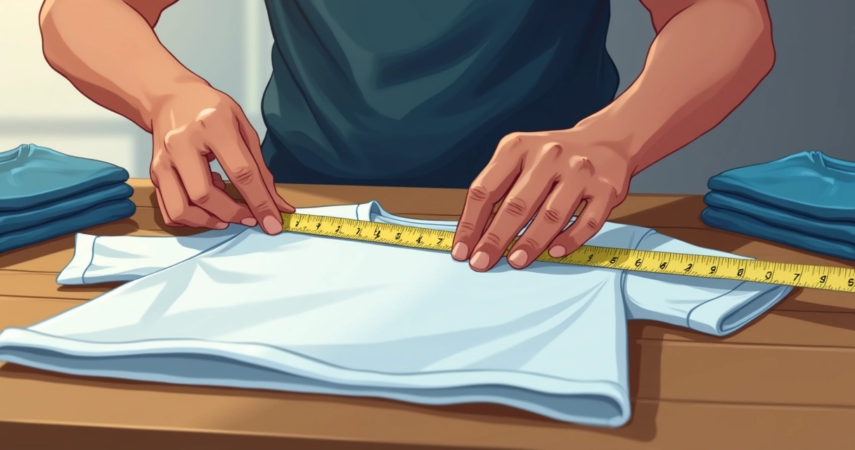 Homem medindo uma camiseta sobre uma mesa de madeira