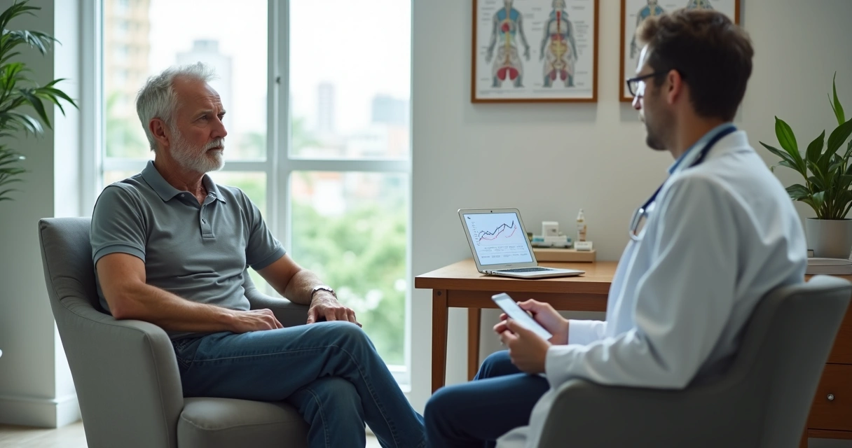 Homem de meia-idade conversando com endocrinologista em consultório moderno 