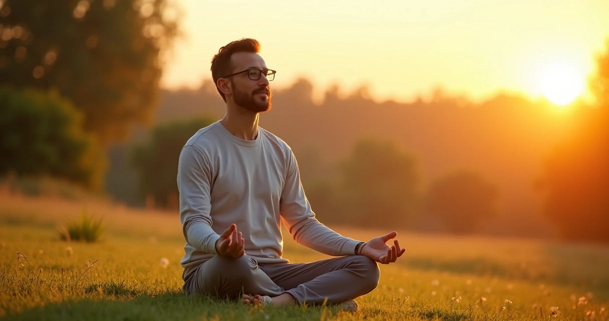 Homem meditando ao ar livre no amanhecer 