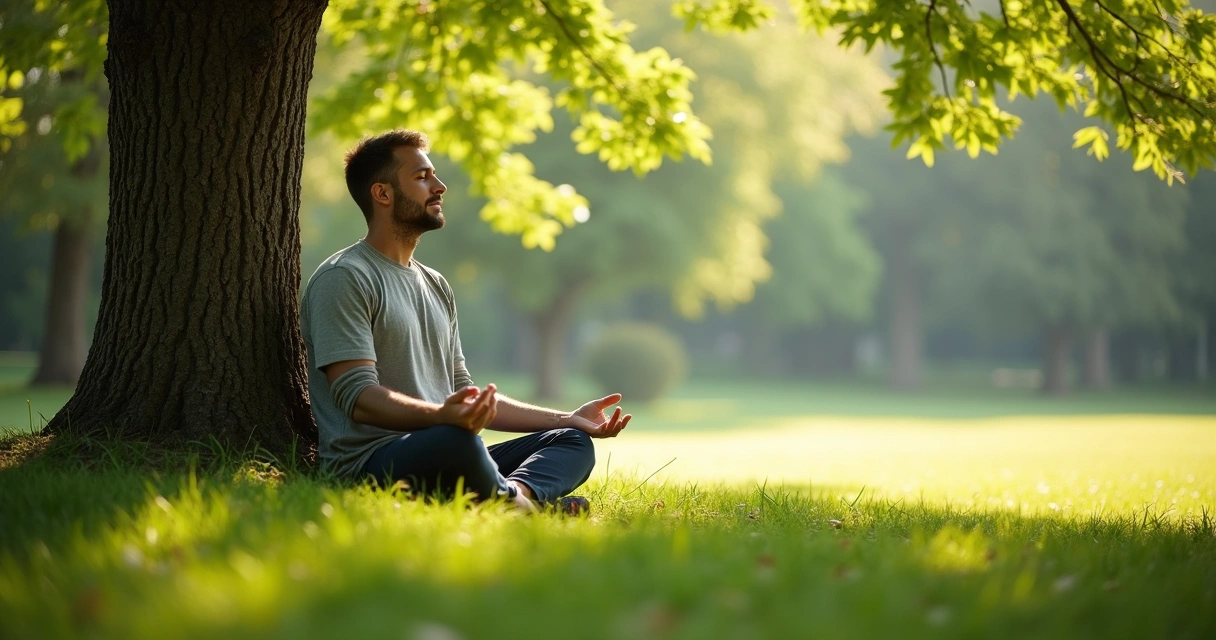 Homem sentado meditando ao ar livre debaixo de uma árvore com olhos fechados e respiração tranquila 