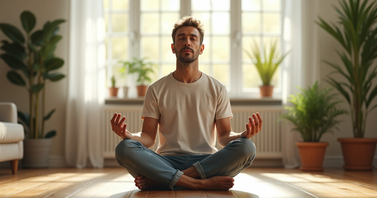Homem sentado meditando em ambiente iluminado 