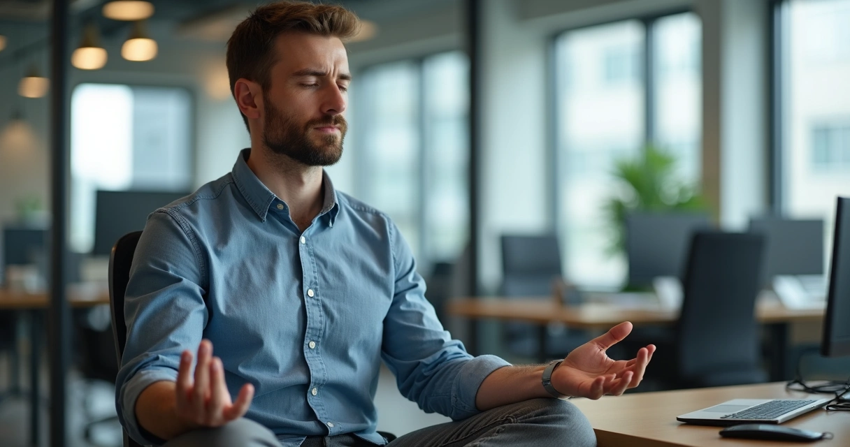 Homem meditando em escritório durante intervalo 