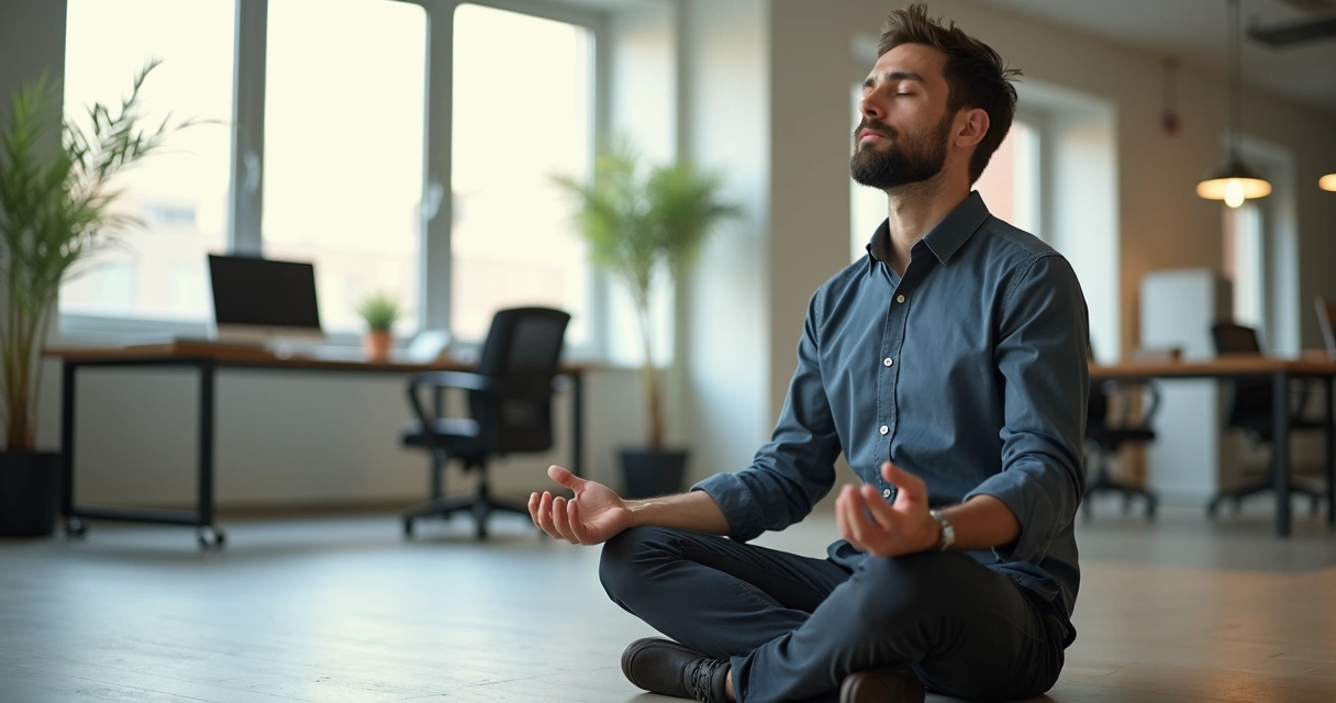 Homem meditando sentado em escritório 