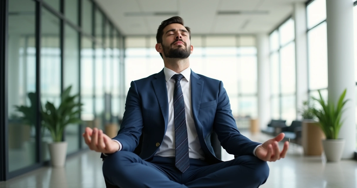 Homem meditando sentado em cadeira de escritório 