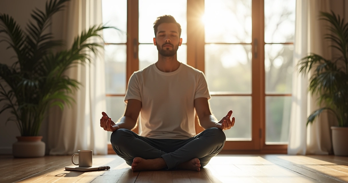 Homem sentado meditando próximo a uma janela claro 