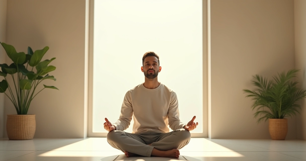 Homem sentado em posição de meditação, luz suave entrando por uma janela. 