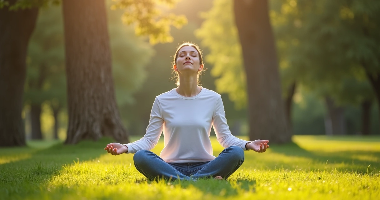 Pessoa sentada ao ar livre, meditando com olhos fechados, árvores ao fundo 