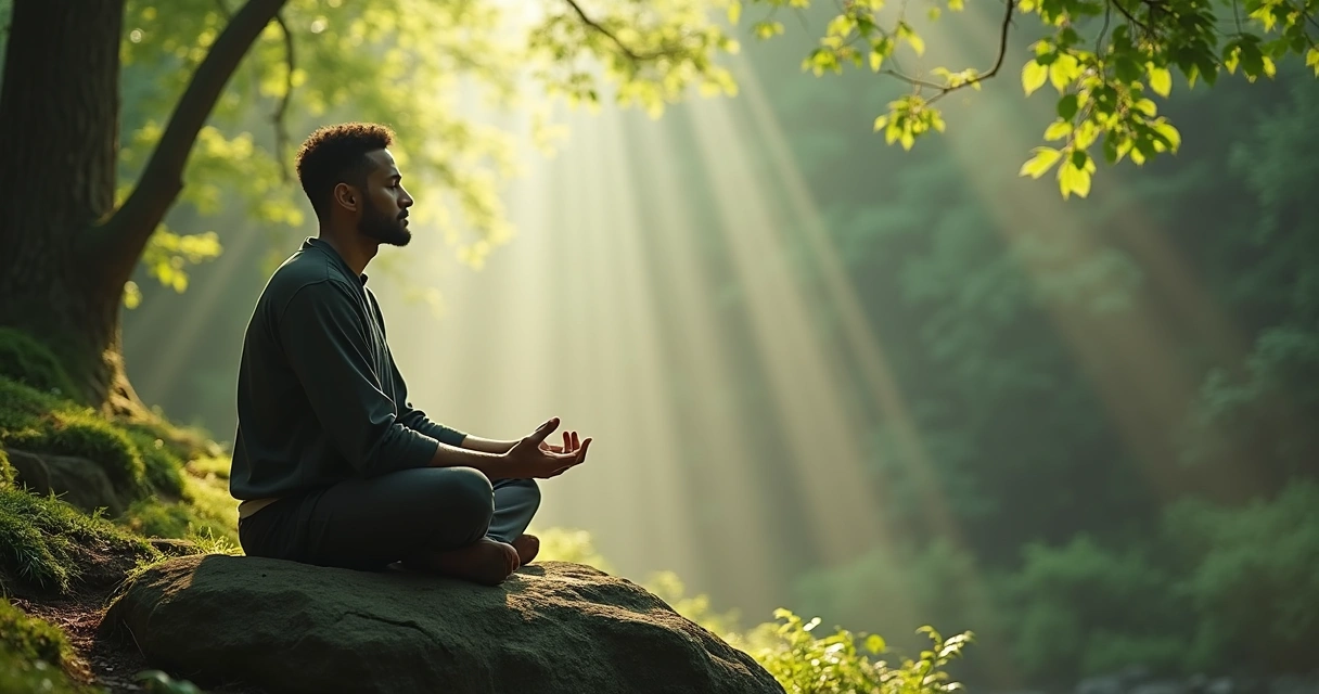 Homem meditando na natureza sentado em pedra 