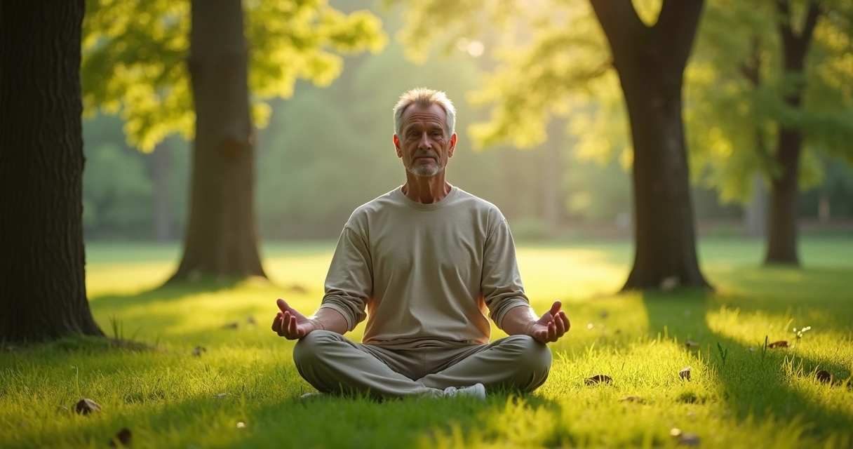Homem sentado meditando ao ar livre com árvores ao fundo. 