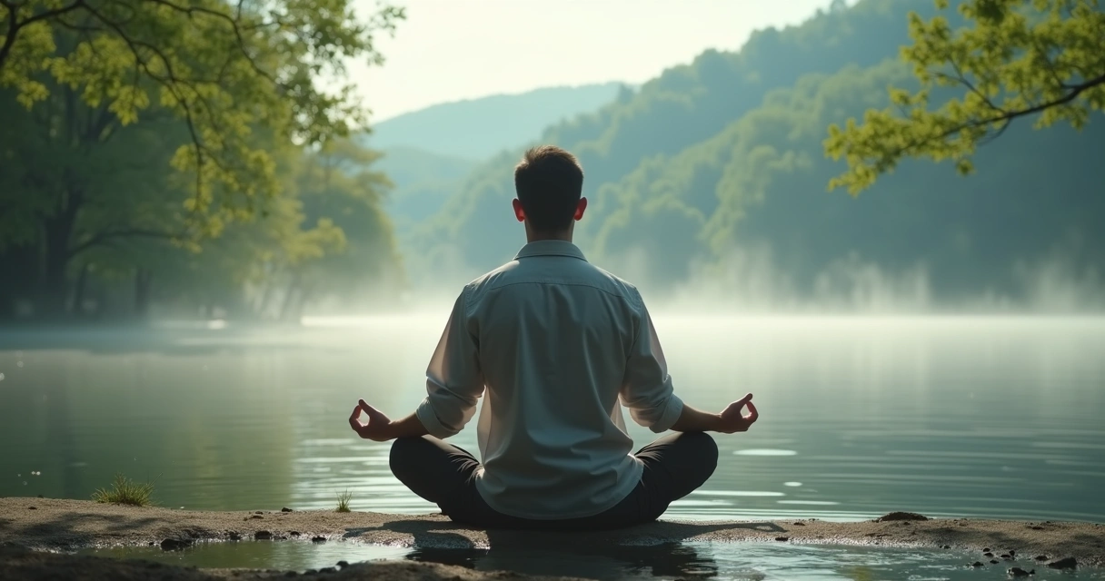 Homem meditando em posição de lótus perto de lago e árvores 