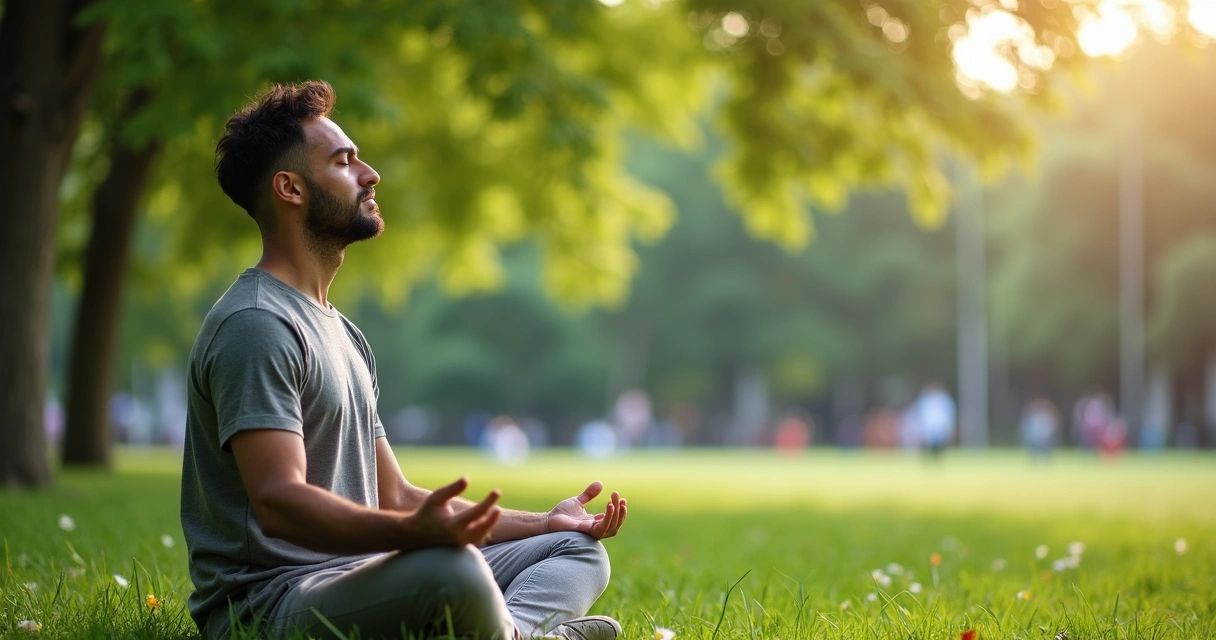 Homem meditando sentado em parque ao ar livre, com árvores e gramado ao fundo, manhã tranquila