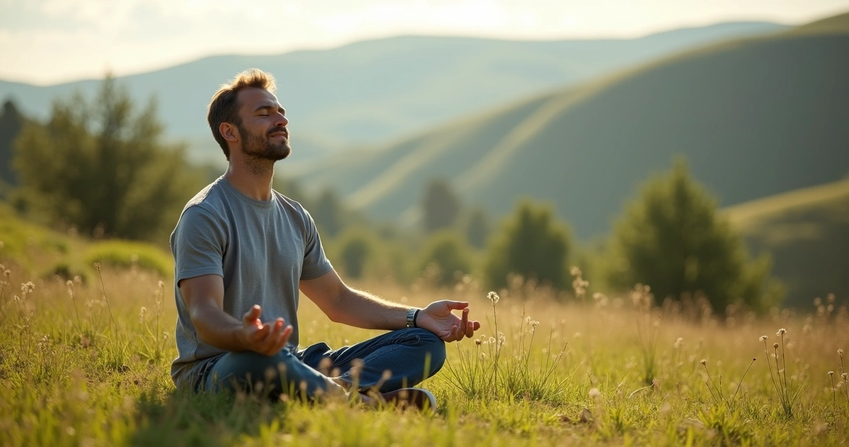 Homem meditando calmamente na natureza 