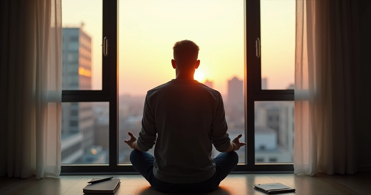Homem sentado em frente à janela em momento de reflexão 