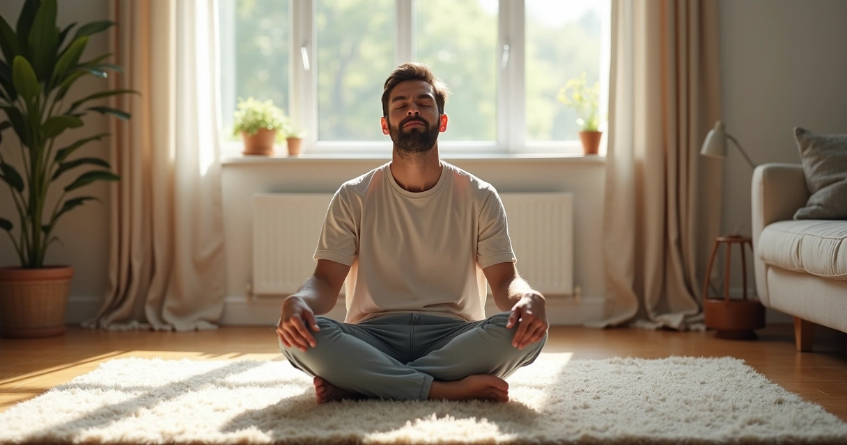 Homem sentado meditando sozinho em sala tranquila 