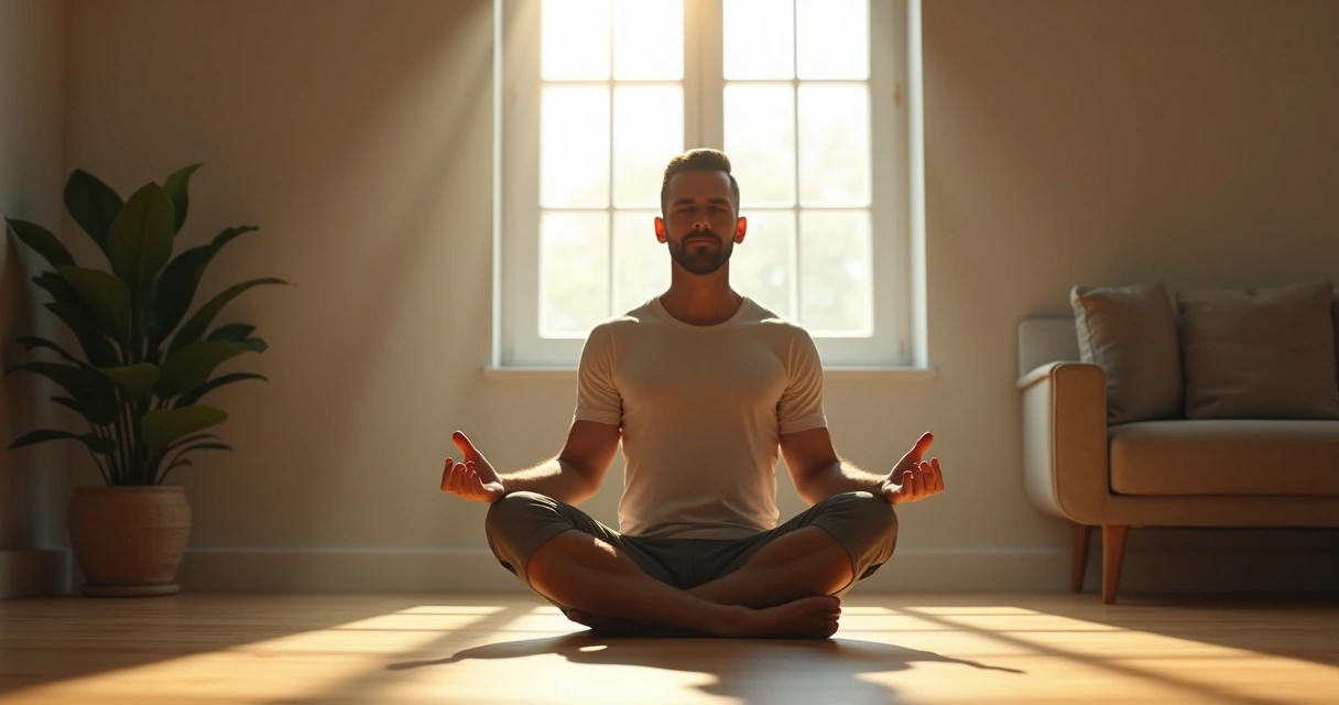 Homem sentado em posição de meditação em uma sala silenciosa, luz suave passando pela janela 