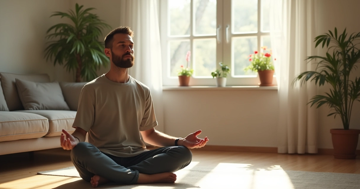 Homem sentado em posição de meditação em uma sala silenciosa, com luz suave e sem distrações ao redor. 