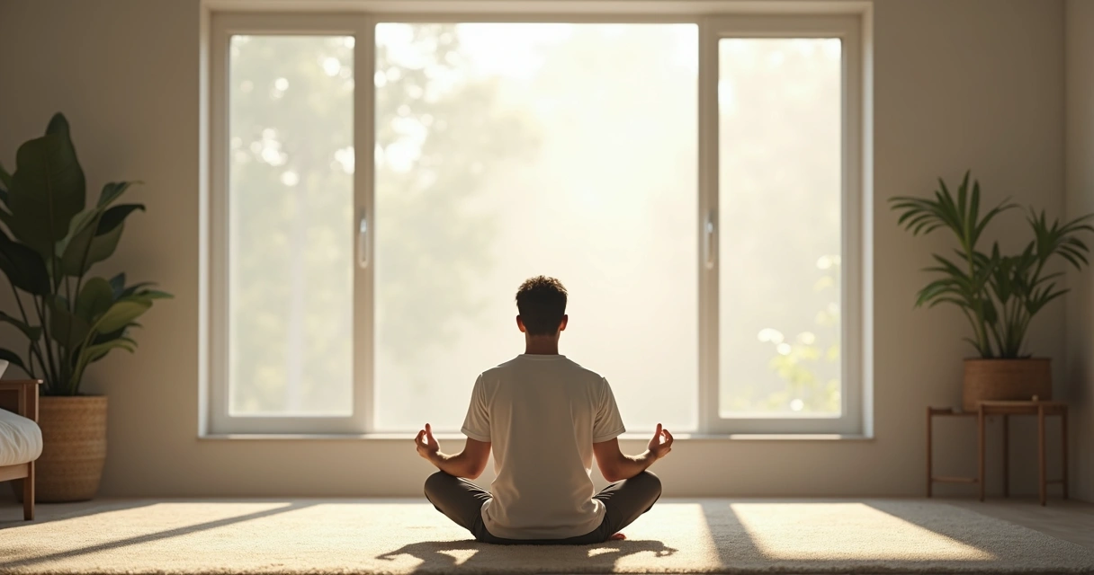 Homem sentado em posição de meditação em sala silenciosa, com luz suave entrando pela janela
