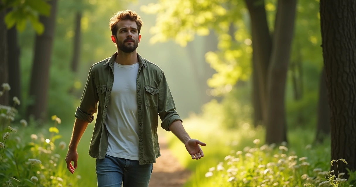 Homem caminhando em uma floresta praticando meditação ativa