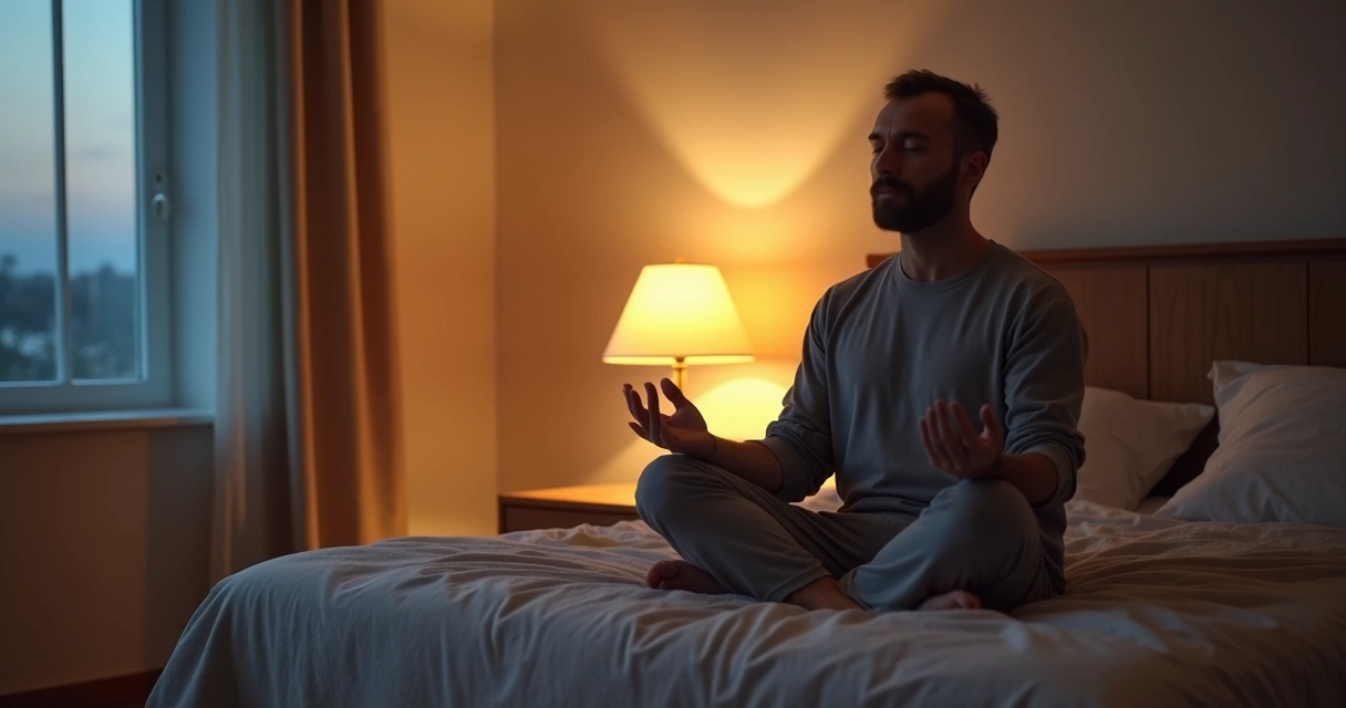 Homem meditando em um quarto silencioso com iluminação suave de abajur