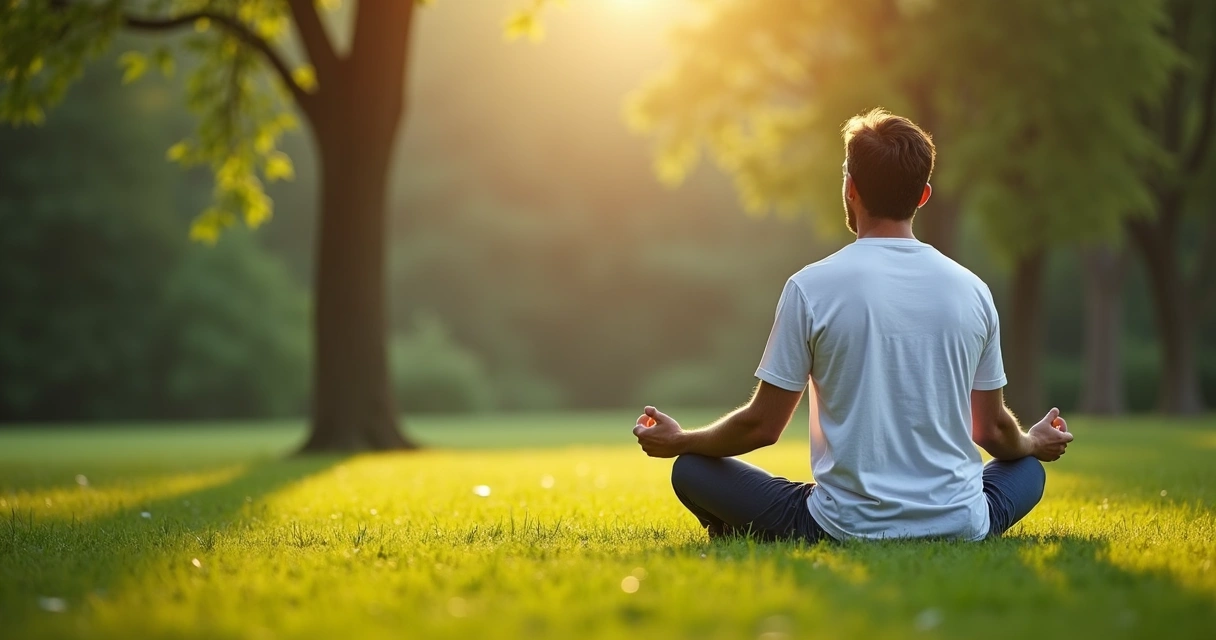 Homem sentado em posição de meditação no jardim com árvores verdes ao fundo e luz natural.