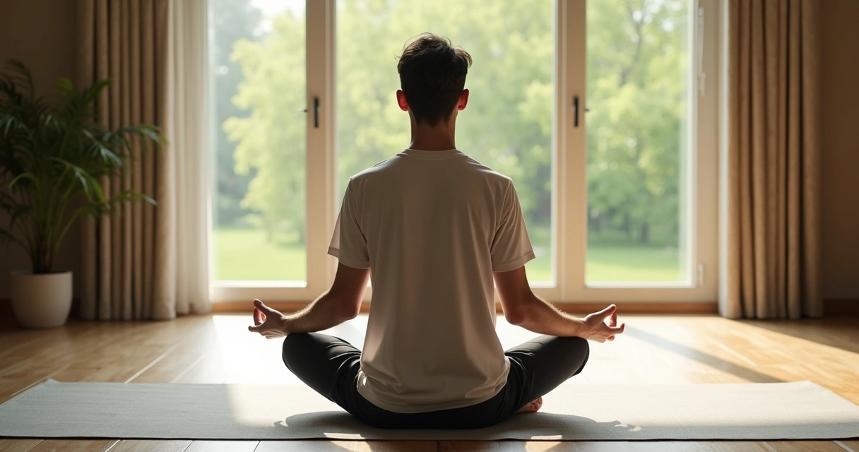 Homem sentado em tapete de meditação com mãos sobre o joelho observando a janela 