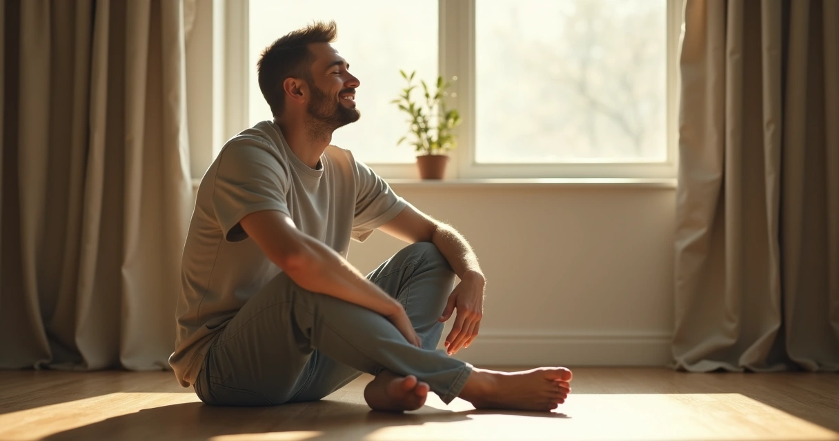 Homem sentado no chão com olhos fechados em momento de meditação 