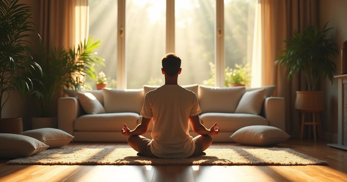 Homem sentado meditando em uma sala iluminada por luz natural, ambiente tranquilo. 