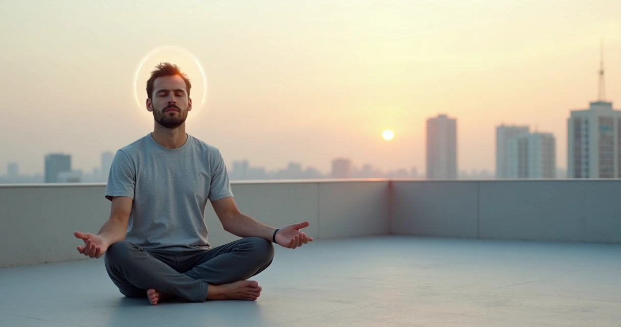 Homem sentado meditando em silêncio em um terraço com cidade desfocada ao fundo 