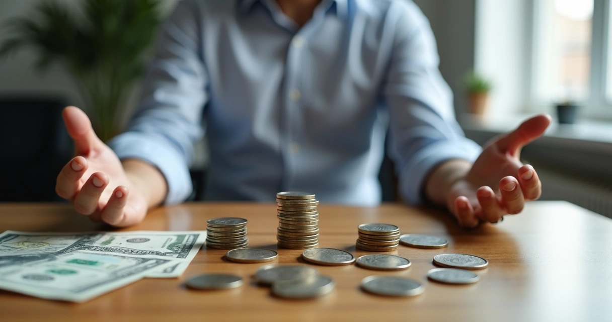 Homem meditando com moedas ao redor sobre uma mesa 