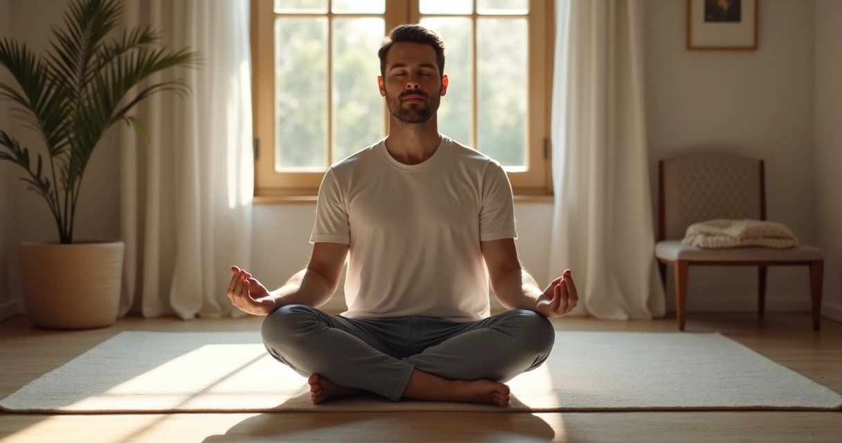 Homem sentado no chão meditando em ambiente tranquilo 