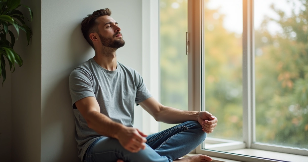 Homem sentado meditando em posição de equilíbrio natural 