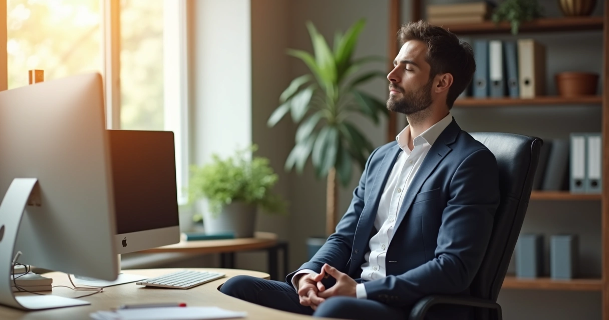 Homem sentado no escritório praticando meditação de olhos fechados 