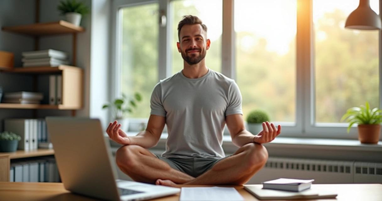 Pessoa sentada em posição de meditação em frente à mesa de trabalho 