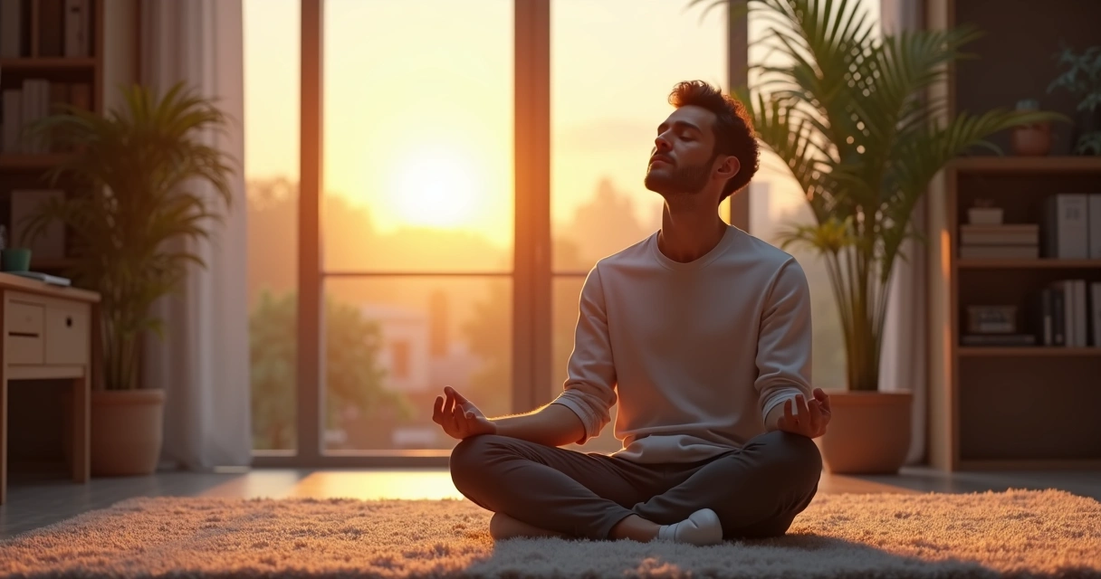 Homem meditando sentado em escritório ao pôr do sol 
