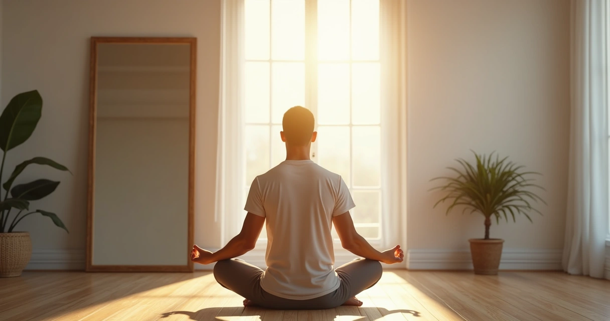 Homem sentado de pernas cruzadas meditando em frente a um espelho grande 