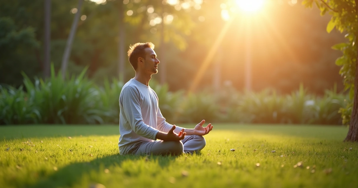 Homem sentado em posição de meditação em jardim tranquilo, com vegetação ao fundo 