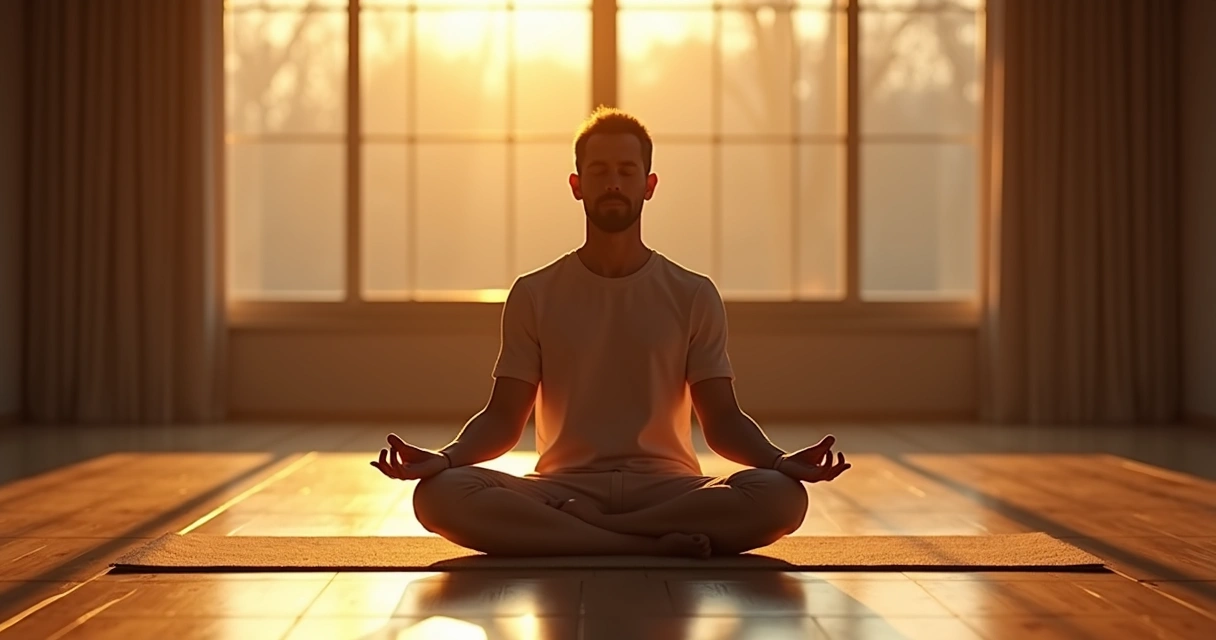 Homem meditando em um ambiente tranquilo, com luz dourada suave