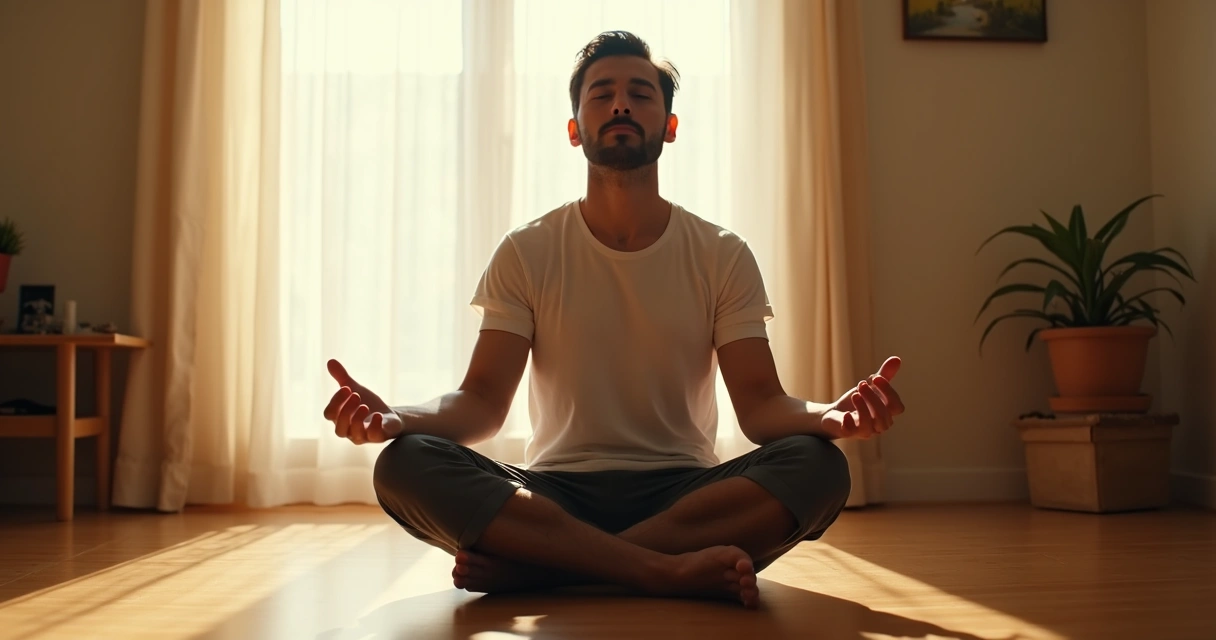 Homem sentado em posição de meditação com luz natural ao fundo 