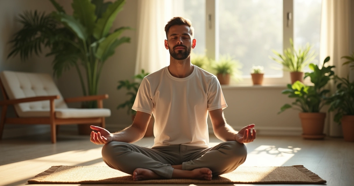 Homem sentado em posição de meditação em ambiente iluminado suavemente