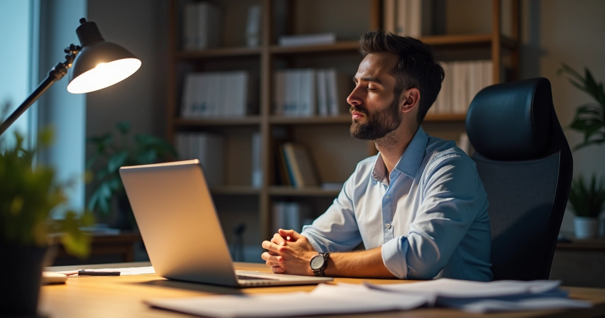 Homem sentado em mesa de escritório meditando com computador desligado
