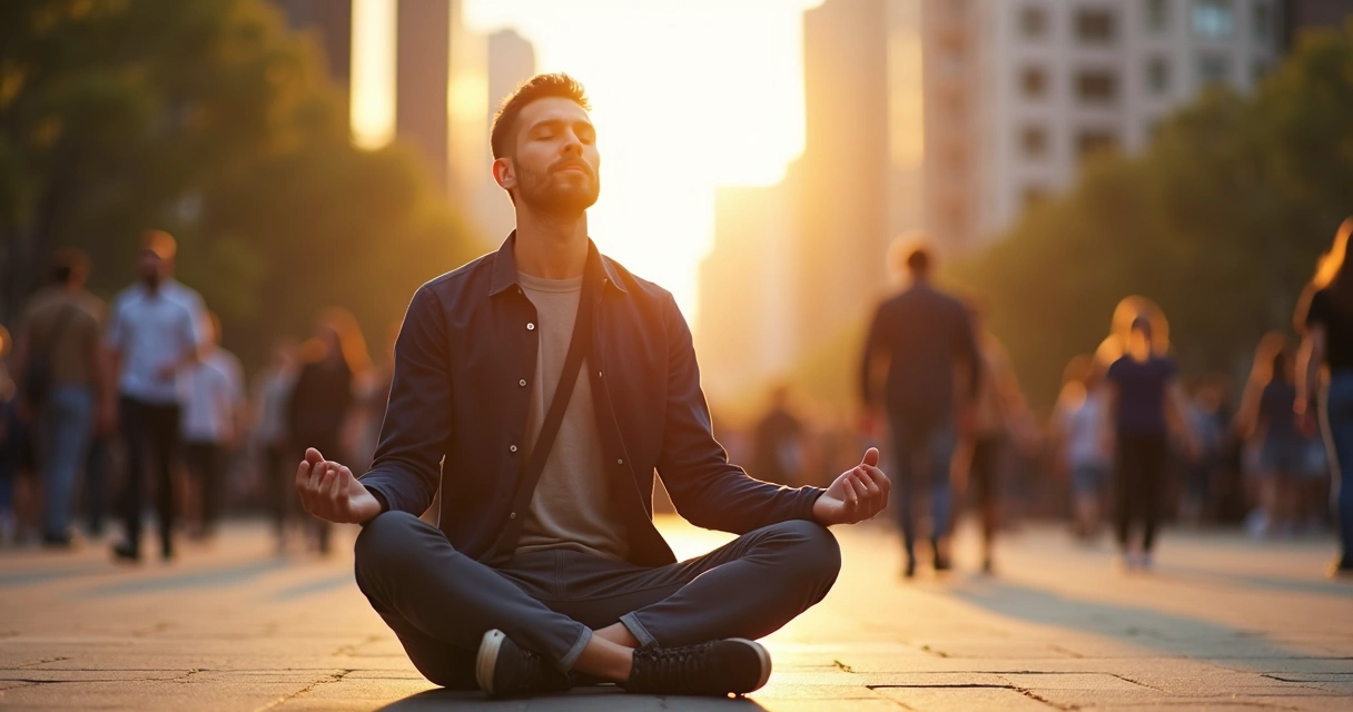 Homem sentado meditando em meio à cidade