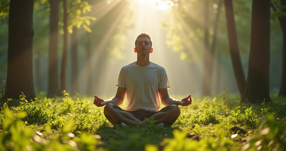 Homem sentado meditando em meio à natureza, de olhos fechados 