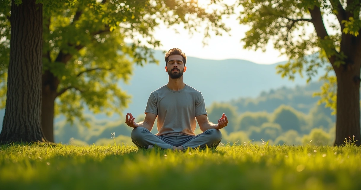 Homem sentado em posição de meditação ao ar livre junto à natureza